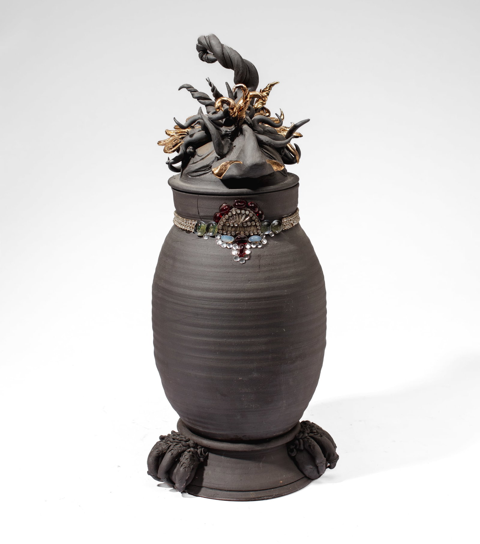 Mike Peck (WA) Mythical Creature Pottery Jar: Mike Peck (Washington) Mythical Creature Studio Pottery Jar. Unsigned. Black matte ceramic jar with luster glazed accents, applied costume jewelry necklace and rhinestones. Sits on detachable base. Me