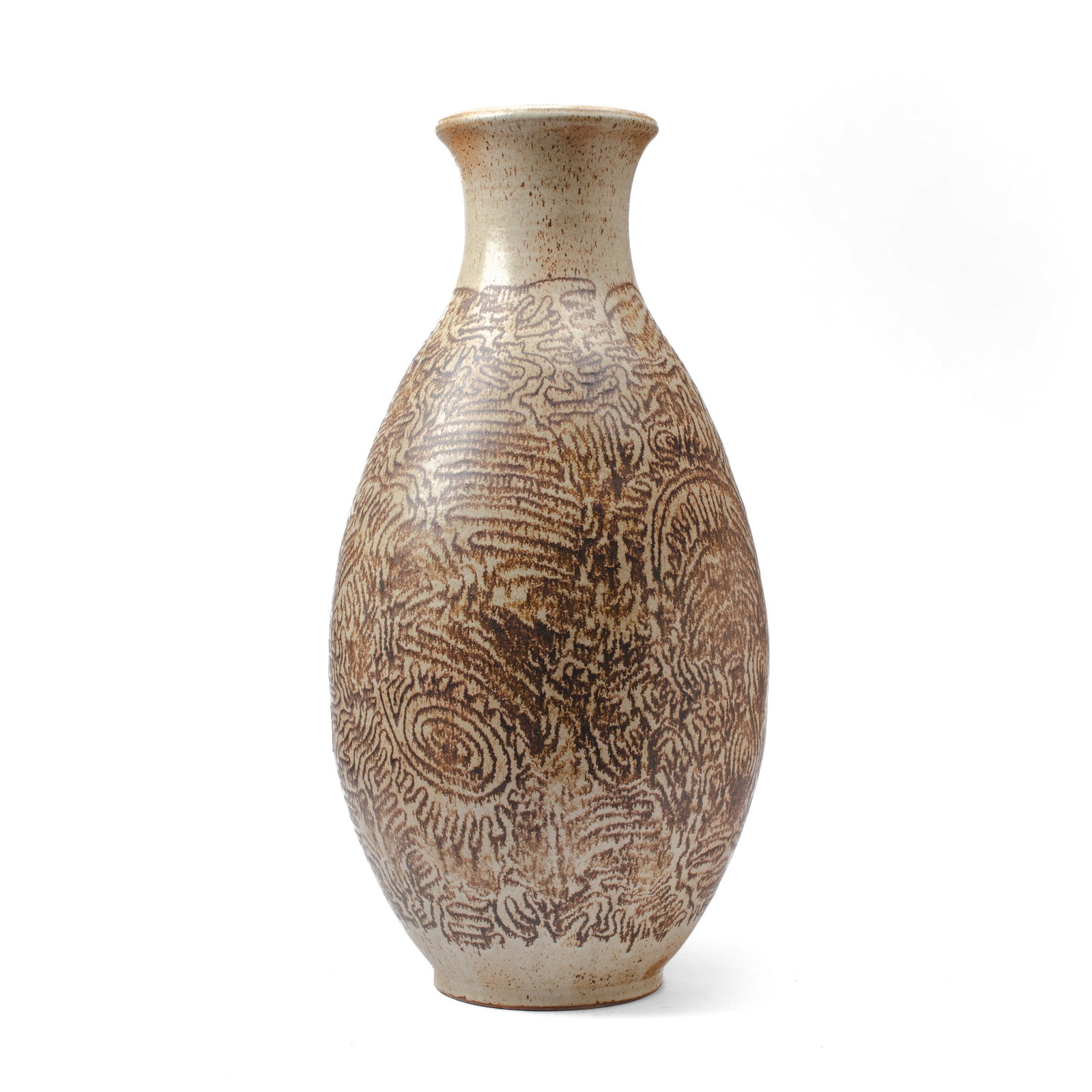 F. Carlton Ball (WA) Large Spiral Glaze Floor Vase: F. Carlton Ball (1911-1992 Washington) Large Spiral Decorated Stoneware Floor Vase. Signed on base. Measures 30.5x16". Collection of Mike Peck, Seattle, WA. Appears to have small 2" professional repai