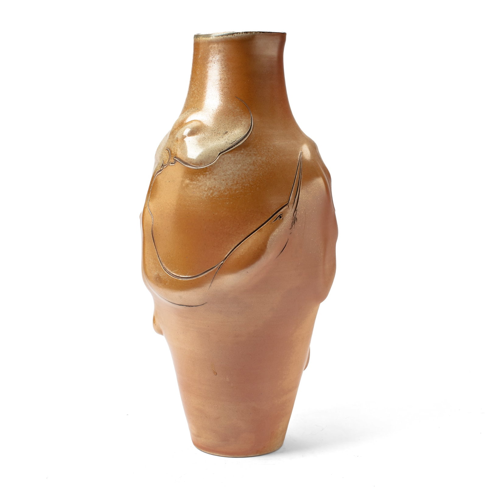 Frank Boyden Wood Fired Tall Heron Vase: Frank Boyden (b.1942 Oregon) Wood Fired Tall Heron Vase. Signed on base. Sgraffito decoration on orange brown metallic surface. Measures 20x10". Collection of Mike Peck, Seattle WA. Excellent conditio
