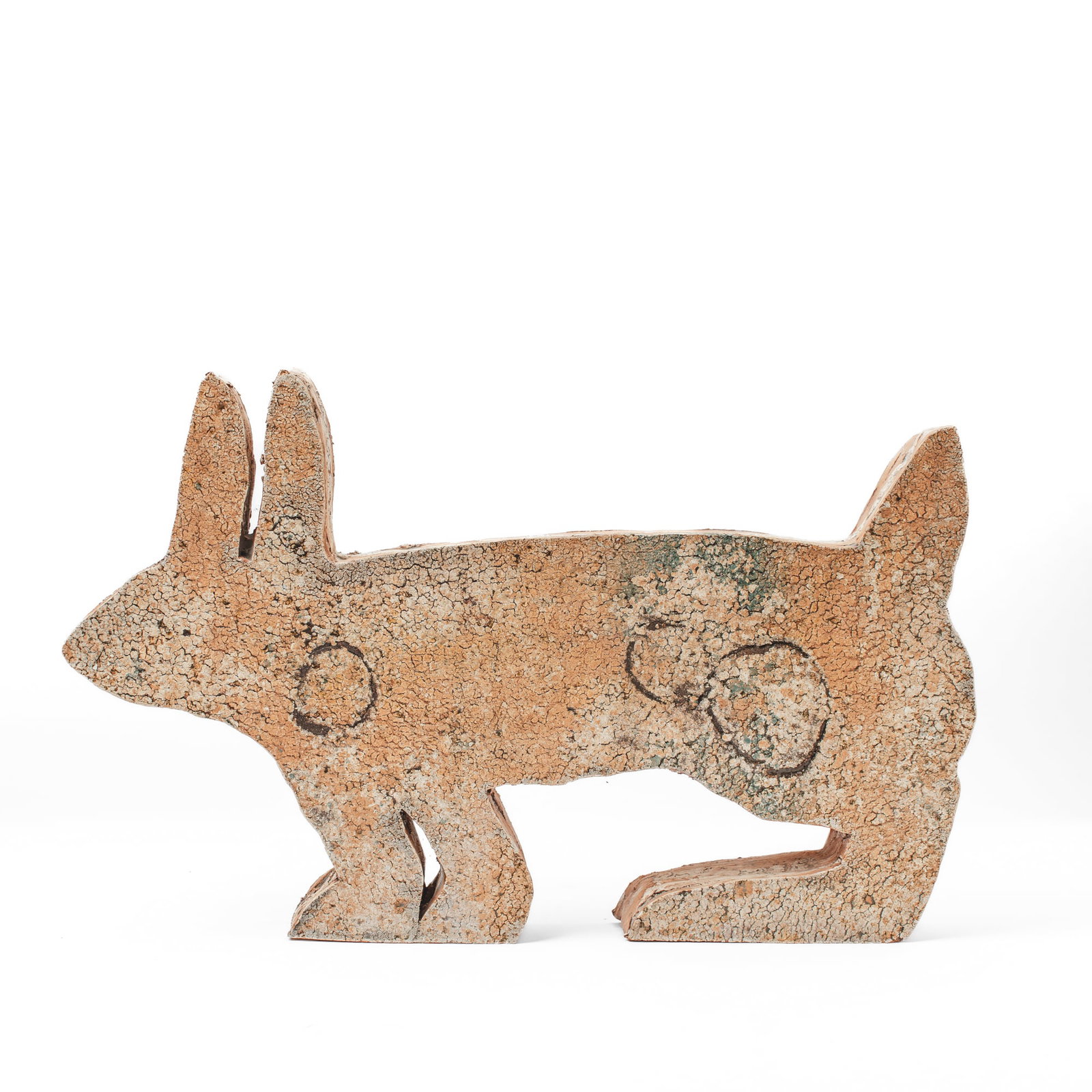 Jim Kraft (WA) "Rabbit" Terracotta Sculpture: Jim Kraft (b.1949 Washington) "Rabbit" Terracotta Sculpture. Signed on underside. Heavy crackle glaze on terracotta. Measures 13x20x2.5". Collection of Mike Peck, Seattle WA. Excellent condition.