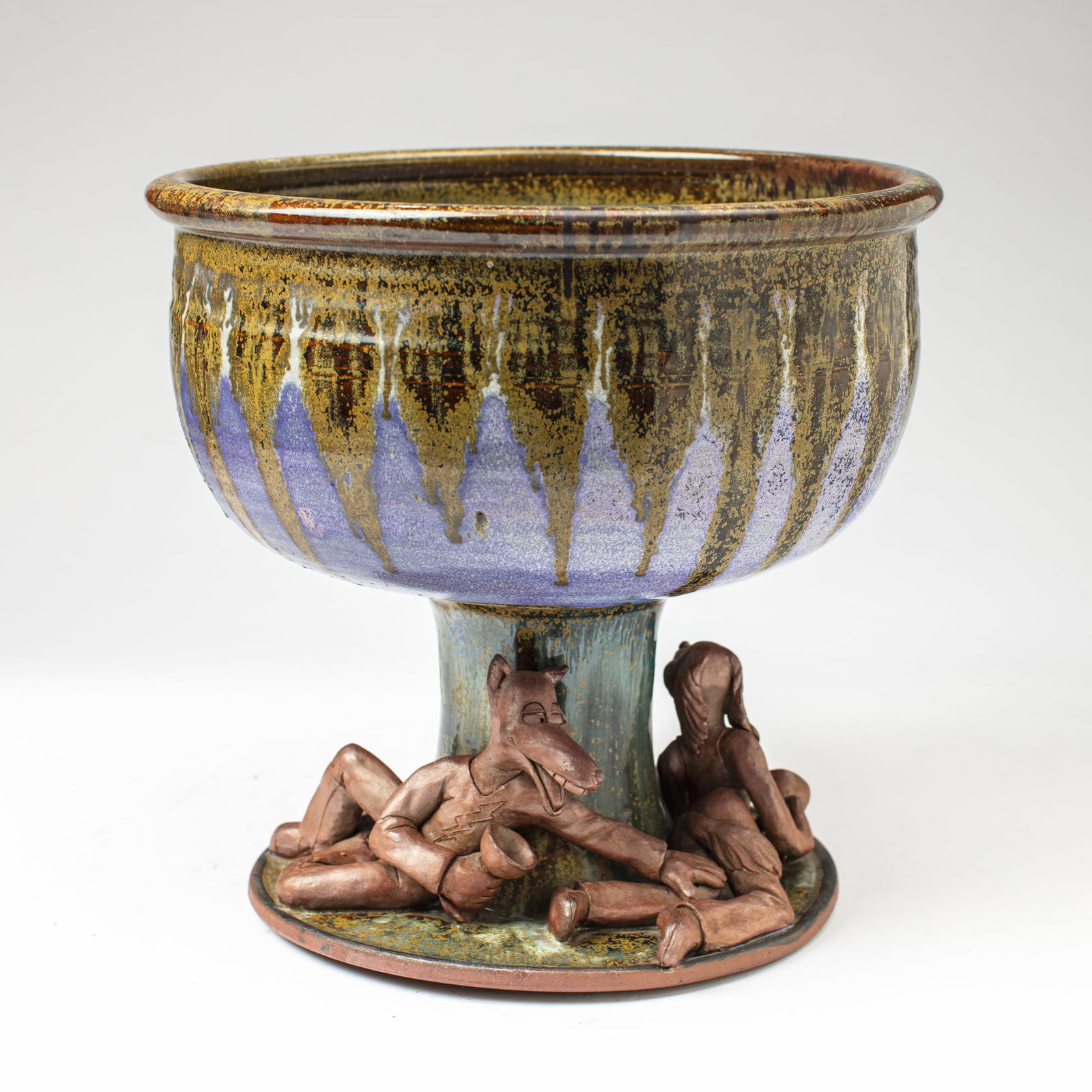 Regnor Reinholdtsen & Pat Mullins Punch Bowl, 1975: Regnor Reinholdtsen with Pat Mullins Figural Stoneware Punch Bowl, 1975. Signed and dated on base by Reinholdtsen (Washington) who wheel threw the vessel and Mullins who sculpted the creatures