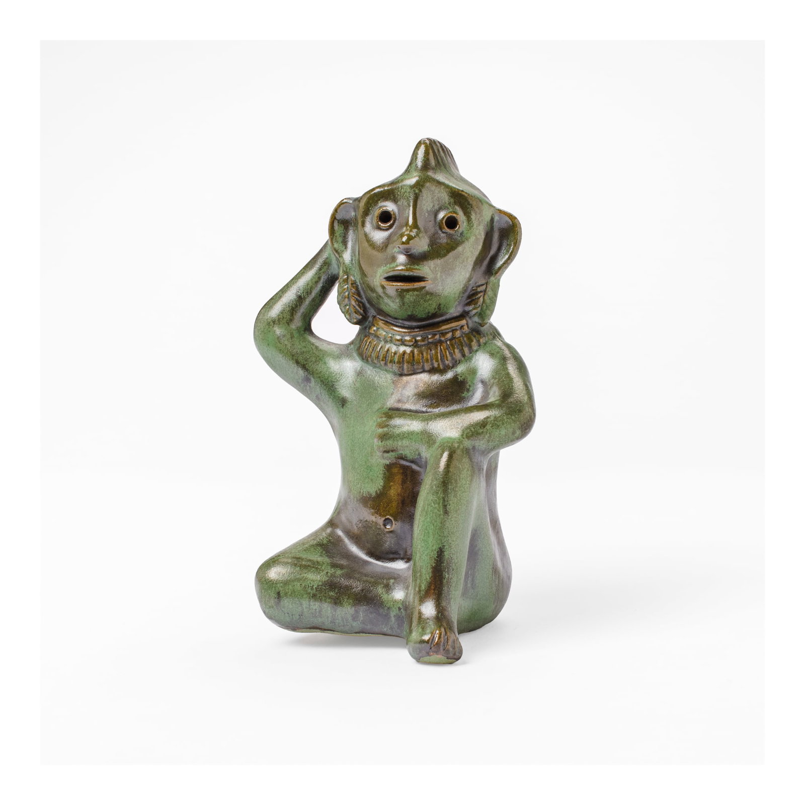 Glazed Terracotta Monkey Figure Rattle: Glazed Terracotta Monkey Figure Rattle. Signed M Robinson on base. Measures 8x5x5". Collection of Mike Peck, Seattle WA. Excellent condition.