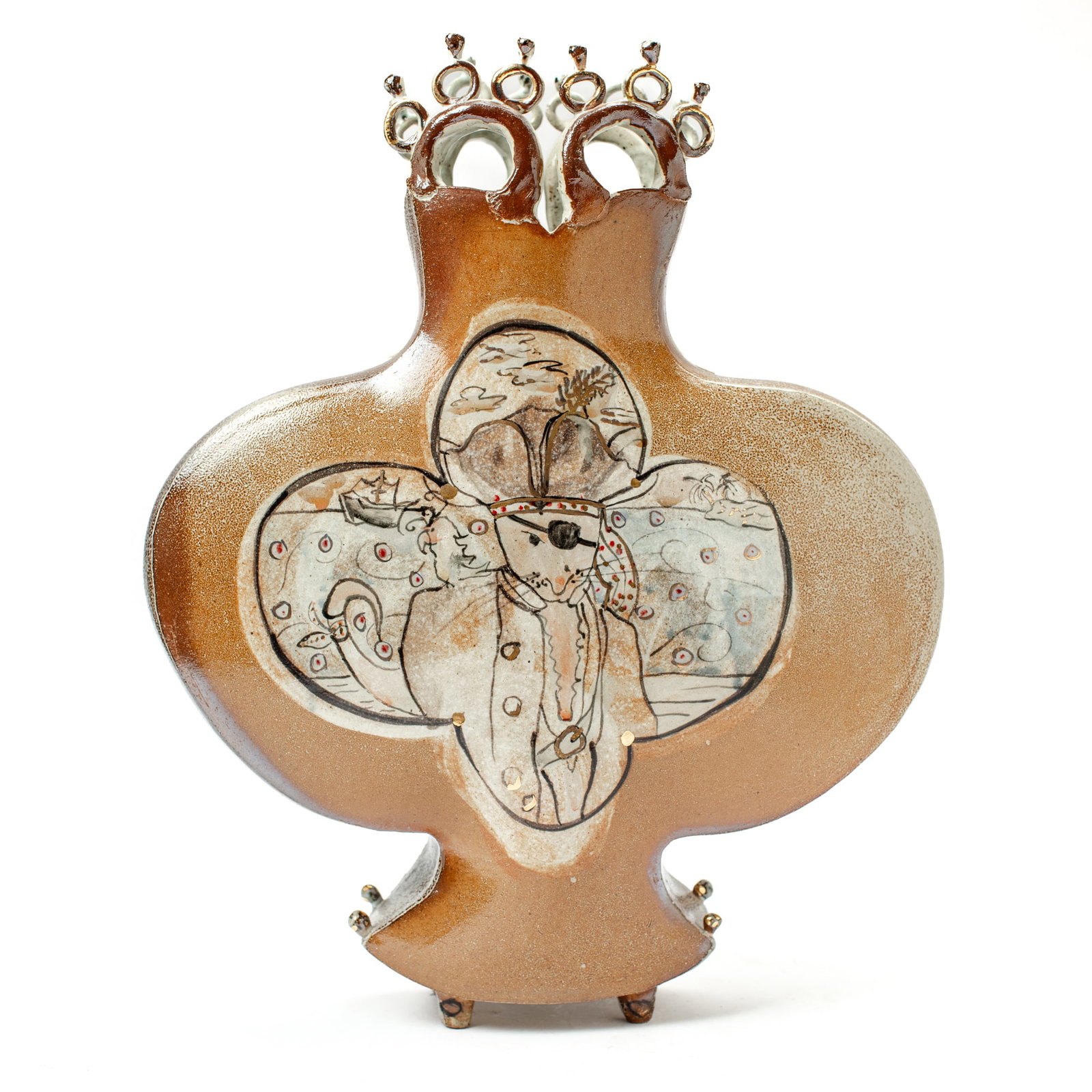 Alicia Basinger (WA) "Rat Pirate" Stoneware Vase: Alicia Basinger (Washington) "Rat Pirate" Stoneware Vase. Signed Alicia on base. Decorated in illustrated style depicting a rat pirate portrait on front and scene with sailboat on back done in glaze