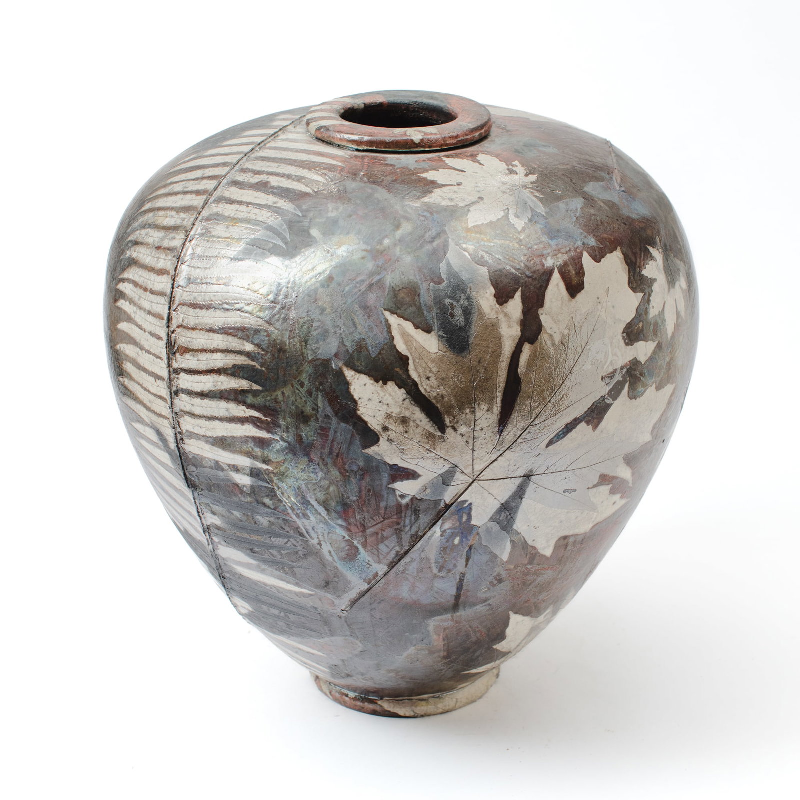 Dave & Boni Deal (WA) Large Fern & Leaf Raku Vase: Dave & Boni Deal (Washington) Large Raku Fern & Leaf-Imprints Vase, 2006. Signed and dated on base; inscribed "John 14:6". Impressive maple leaves and sword ferns against nuanced raku fired black and