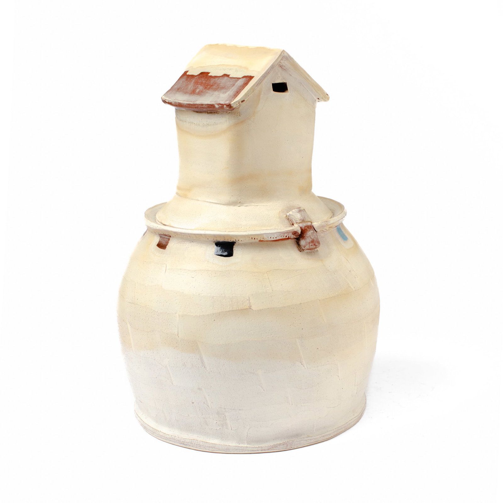 Brian Jones "House Jar": Brian Jones (Connecticut) "House Jar", circa 2010. Unsigned. Covered wheel thrown, sculpted, and carved jar with decorative glazing on rim and around roof. Measures 13x9". Collection of Mike Peck,
