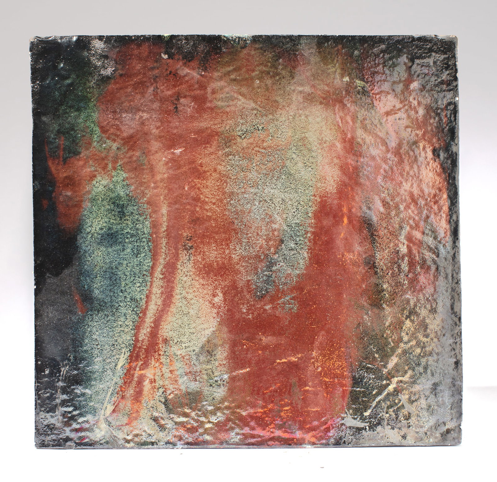 Jim Romberg Raku Fired Ceramic Slab Wall Artwork: Jim Romberg (Arizona) Raku Fired Ceramic Slab Wall Artwork. Unsigned. Double sided slab with textured and splash glaze on one side and vibrant metallic hues on the other. Measures 14x14.5x.75".