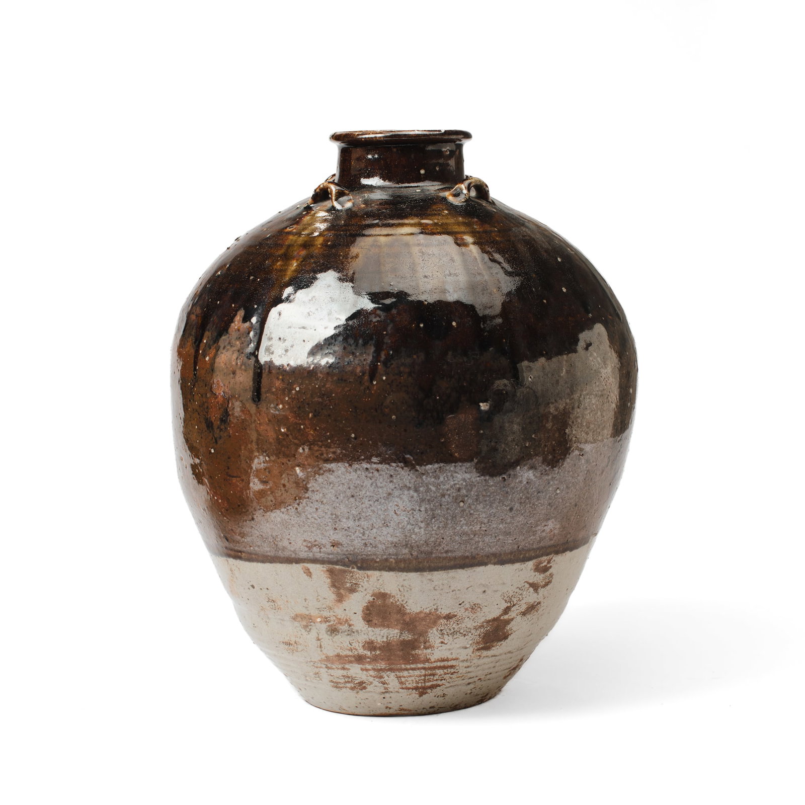 Antique Chinese Martaban Brown-Glazed Jar: Antique Chinese Martaban jar with four applied pinched handles to shoulder, the body gently rising to a wide sloping shoulder and narrow neck, covered in glossy brown glaze with streaks and faint irid