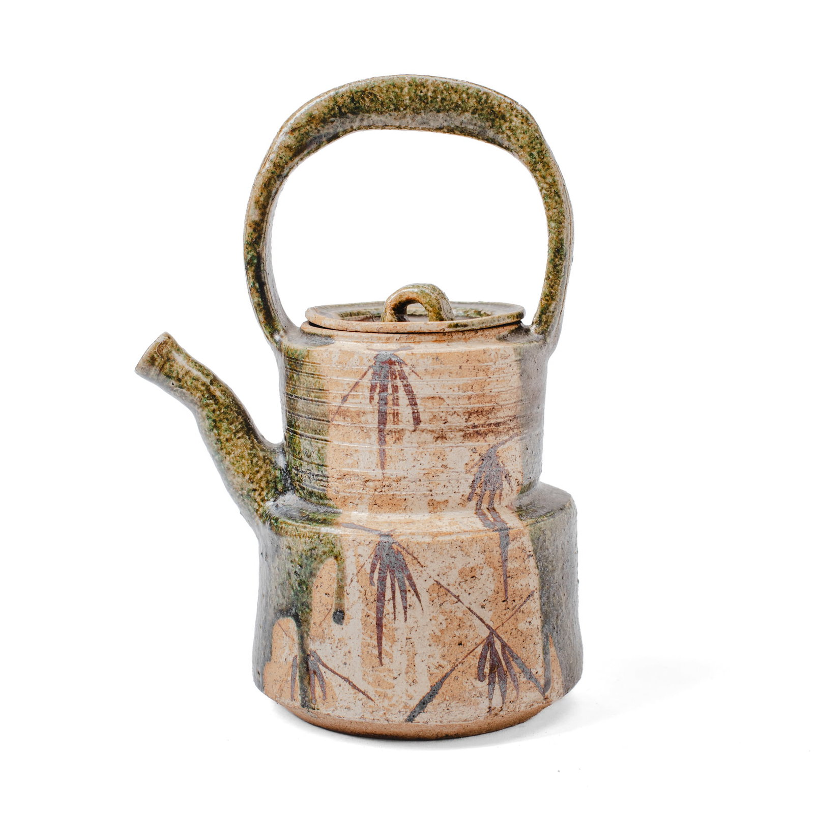 Japanese Oribe Ware Suichu Ewer: Japanese Oribe Ware ewer (Suichu) of stacked form with abstracted geometric pattern with leaves in iron brown glaze between splashes of green glaze extending to handle and spout. Unmarked. Probably Me