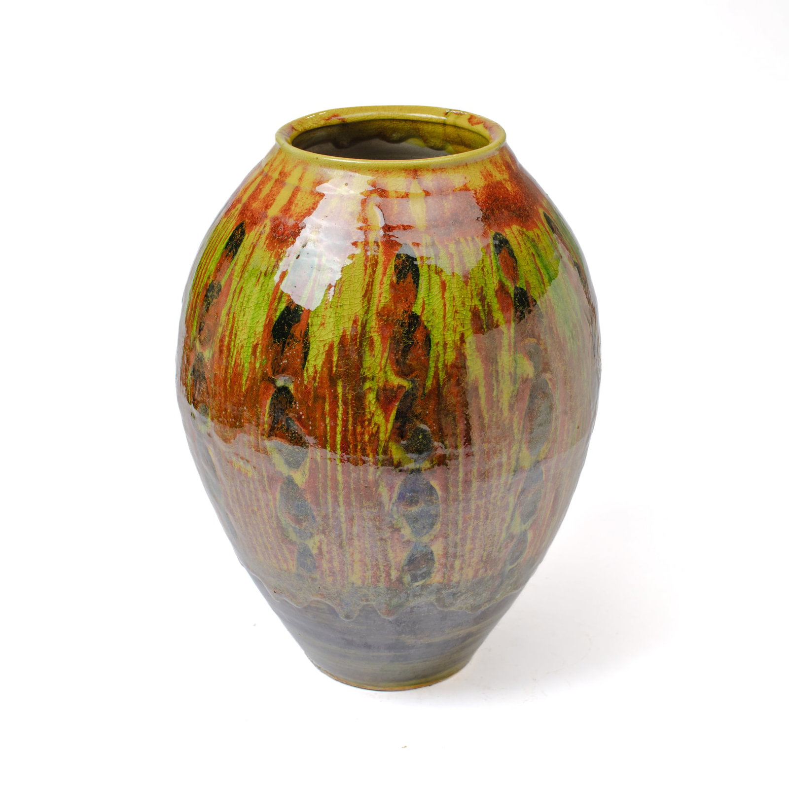 Japanese Kiyomizu Fujihira Seibun Kiln Flambe Vase: Japanese Kyo-Kiyomizu Ware vase of gently flaring ovoid vase with streaked flambe glaze in colors, marked "Seibun" to underside. In very good condition. Includes tomobako. Vase measures 17.5" H x 12"