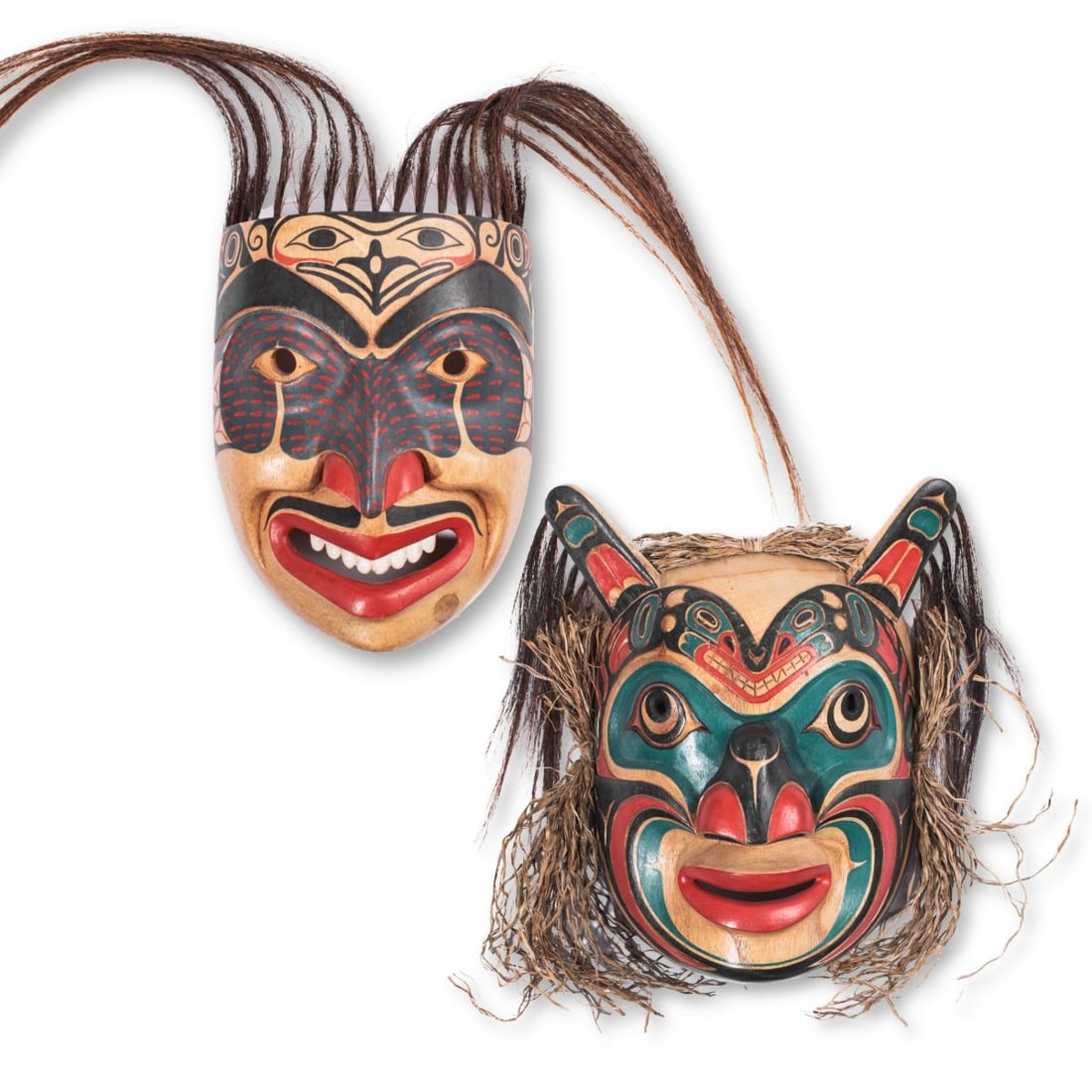 Two Northwest Coast Style Masks: Two Northwest Coast style Orca and Ancestor masks in hand carved mahogany type wood with polychrome surfaces. No apparent signatures. Both nicely carved and in good condition. (1) Orca mask with horse