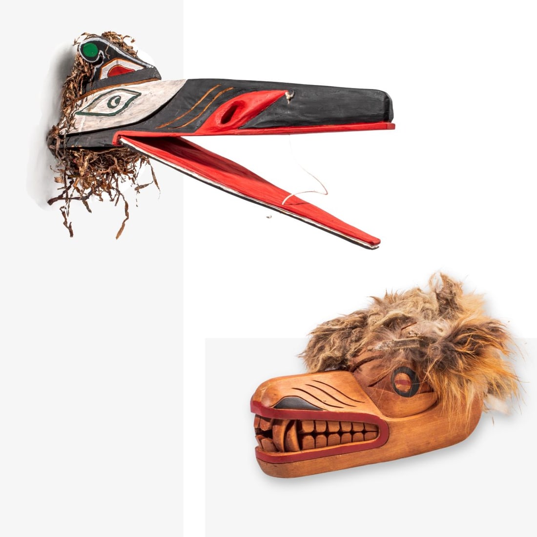 Northwest Coast Masks / Howard LaFortune: Two Northwest Coast small scale masks. (1) Signed Howard LaFortune carved cedar bear mask with applied fur (some losses). 5" H x 9" L x 3.5" W approx. (2) Hand carved and painted wood raven mask with 