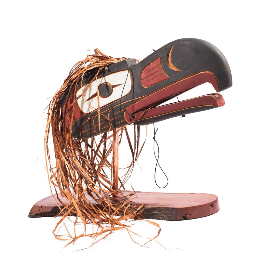 Kurtis Antone Northwest Coast Cedar Raven Mask: Kurtis Antone (b. 1970 Squamish) hand carved cedar wood raven mask with articulated beak. Polychrome surface and cedar bark details. Ink signed to interior - Kurt Antone, N. Vancouver B.C., Canada, Sq