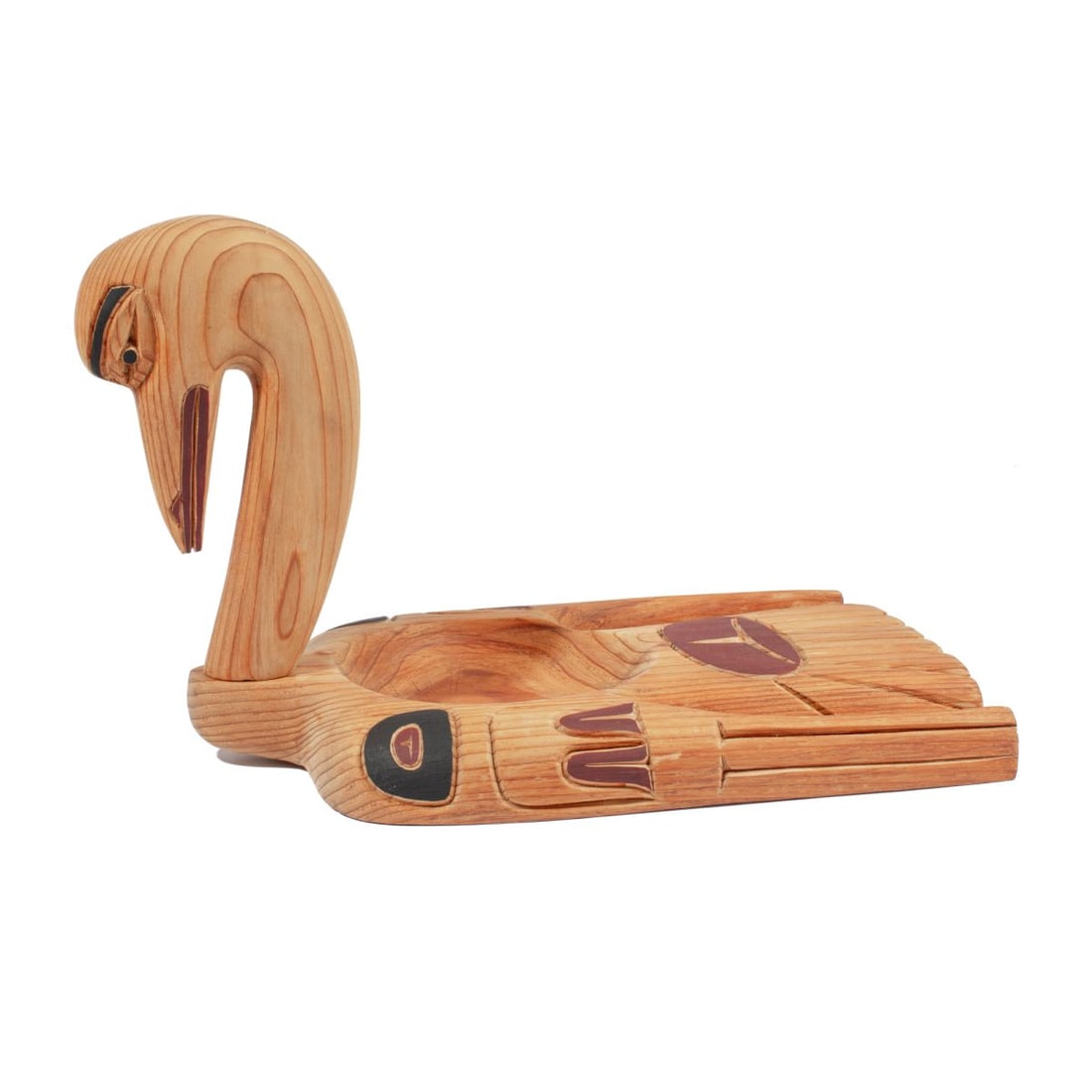 Donny Joe Northwest Coast Swan Bowl: Northwest Coast swan bowl in red cedar carved by Donny Joe. Pencil inscribed July 09, Don Joe, Swan dish, and Red Cedar to bottom. Joe is a Northwest Coast wood carver from Chehalis, B.C., who