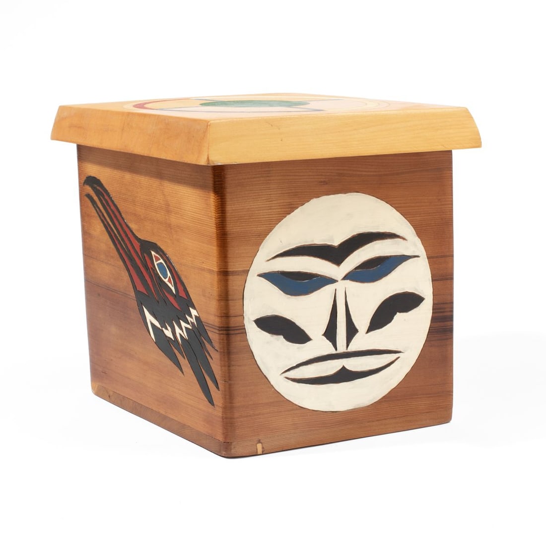 Bruce Anthony Northwest Coast Cedar Box 1999: Bruce Anthony (Suquamish). Red cedar box with yellow cedar lid. Line carved decorations with polychrome surface. Signed and dated 1999 to bottom along with "BOX IS MADE FROM 300+ YR. OLD RED CEDAR