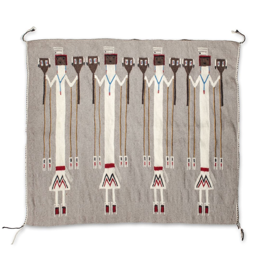 Navajo Yei Weaving / Rug by Susie Young: Navajo wool Yei weaving depicticing four standing figures. Original Monument Valley Trading Post hang tag listing weaver as Susie B. Young and partial 1980s date. Excellent condition with small spot