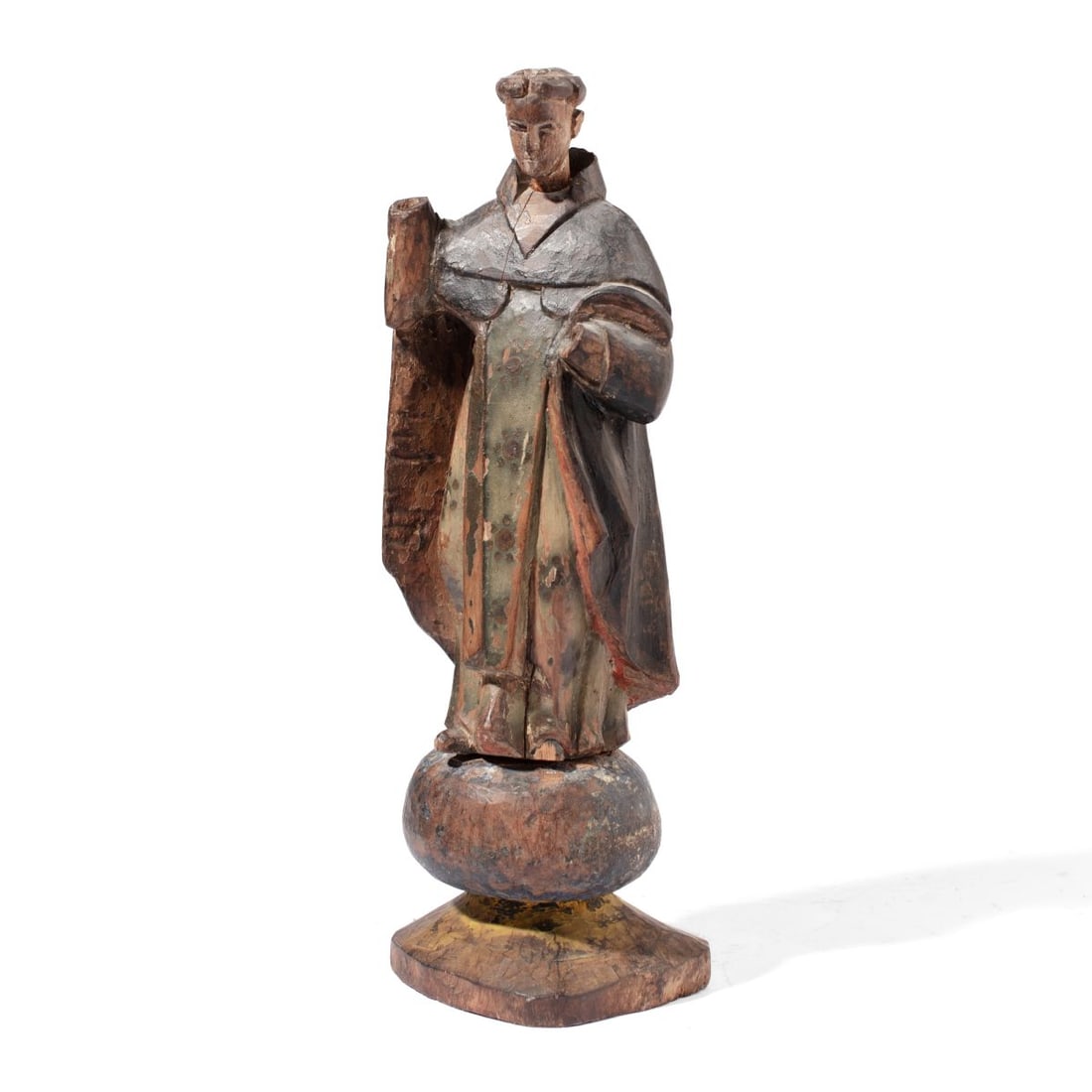 Antique Wood Santos Figure: Antique carved and polychromed wood statuette. Possibly a depiction of Saint Vincent Ferrer. Spanish or Filipino; 19th century. Missing hands; loss to one foot; some splits and expected surface wear.