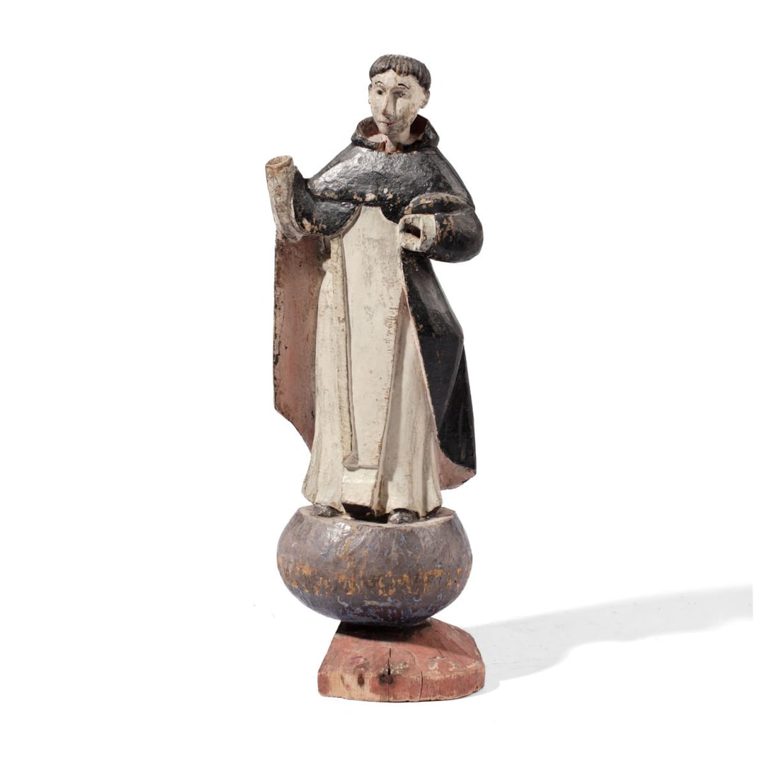Antique Wood Santos Figure: Antique carved and polychromed wood statuette. Possibly a depiction of Saint Vincent Ferrer. Spanish or Filipino; 19th century. Missing hands; loss to base; drill holes at reverse. 13.5" H.