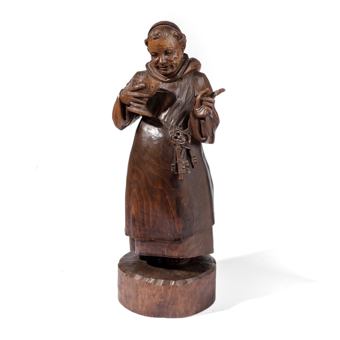 Large German Wood Figure of a Monk: Large German carved softwood figure of a monk holding chalice, with keys at his belt. Affixed hook at reverse. Maker's mark incised at base. Large split at right side; one finger has been re-glued.