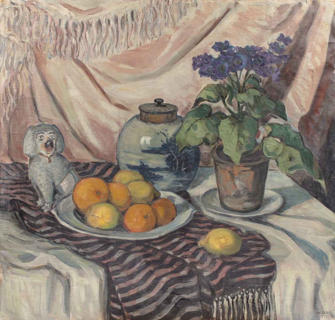 Wilfred Peter Glud Still Life with Citrus: Wilfred Peter Glud (1872-1946 Denmark) Still Life with Citrus Oil on Canvas. Signed lower right. Artwork depicts a bowl of lemons and oranges on table next to staffordshire dog figure and Chinese ging