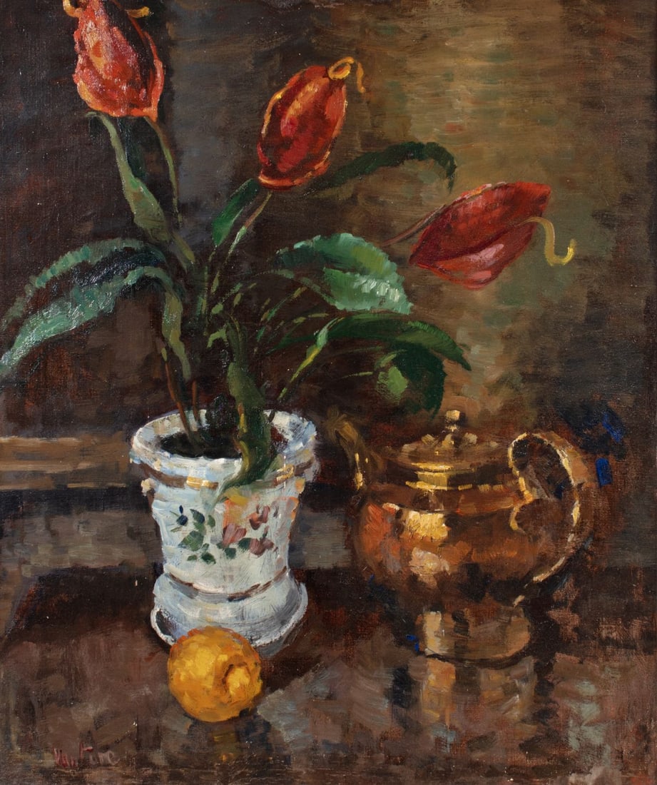 Mogens Vantore Still Life with Flowers and Teapot: Mogens Vantore (1895-1977 Denmark) Still Life with Flowers and Brass Teapot Oil on Canvas. Signed lower left; Nellemann & Thomsen auction house (Aarhus, Denmark) tag on frame verso. Canvas measures 31