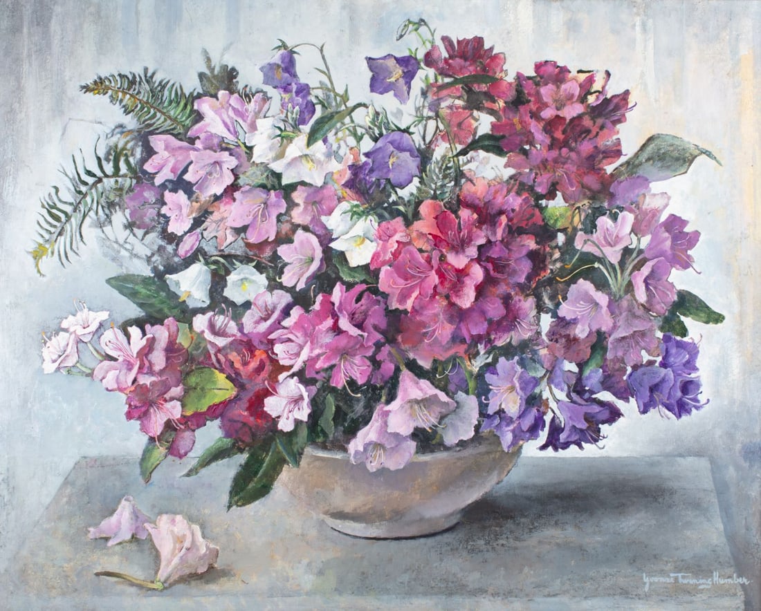 Yvonne Twining Humber (WA) "Rhododendrons": Yvonne Twining Humber (1907-2004 Washington) "Still Life with Rhododendrons" Acrylic on Board. Signed lower right. Artwork measures 24x29"; vintage frame with overall size 30x35.5". Very good