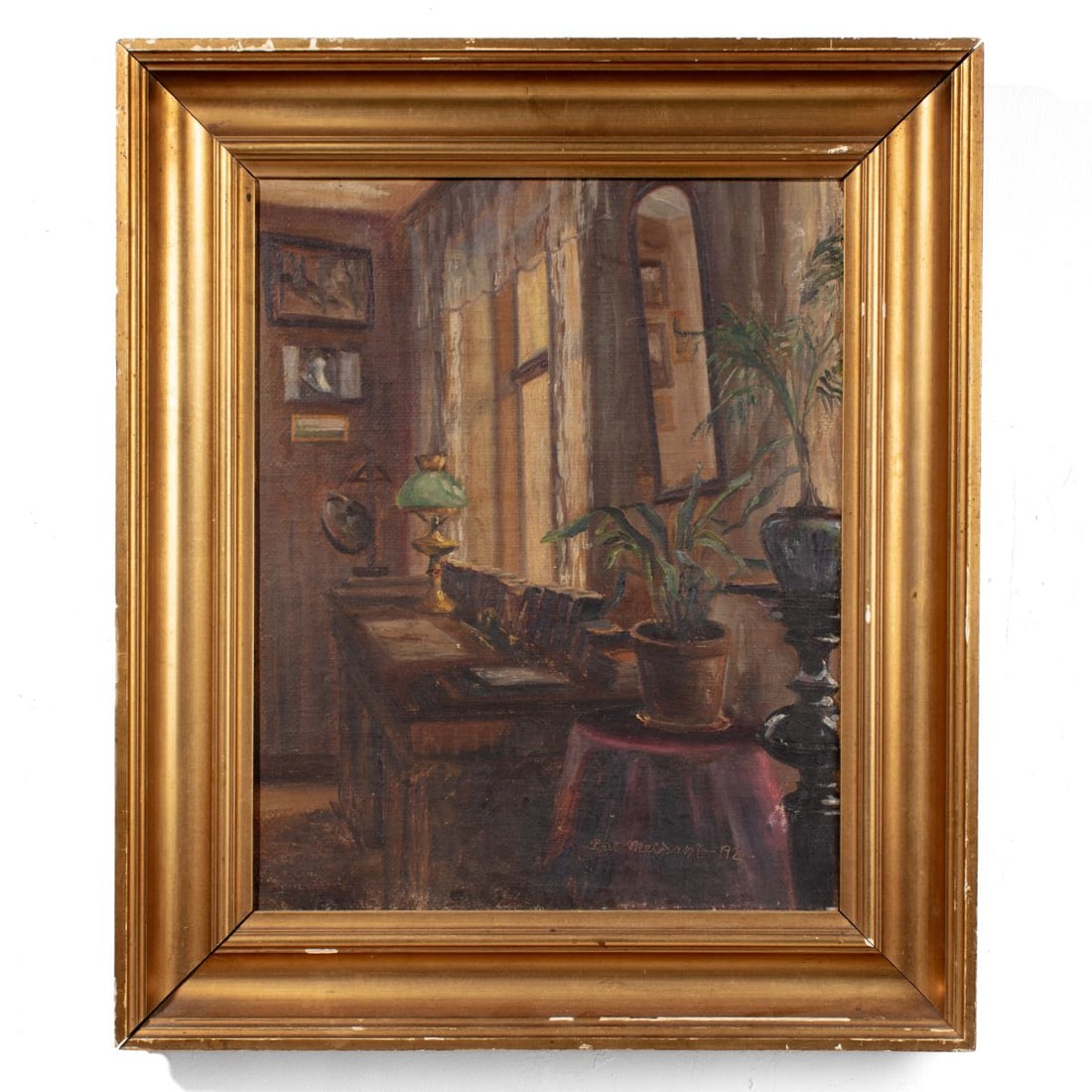 Antique Danish Interior Scene Oil on Burlap, 1920: Antique Danish Interior Scene Oil on Burlap, 1920. Appears to be signed Poul Merdan and dated lower right. Artwork depicts a study with desk placed near windows and plants in foreground. Artwork measu