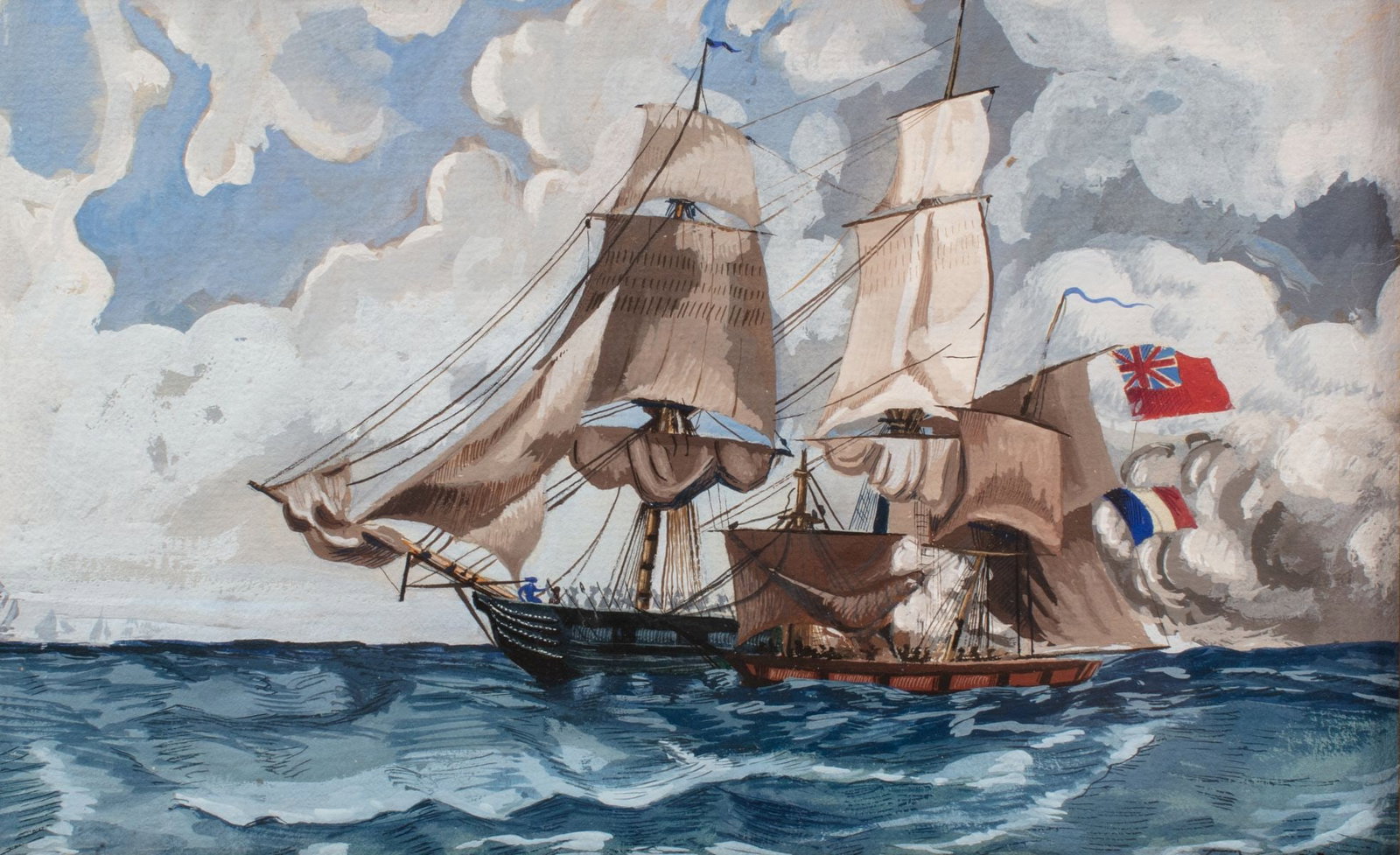 Antique Naval Battle Gouache Painting: Antique Naval Battle Gouache Painting. Signed "P.Mv" at lower right. Gouache on laid paper. Artwork depicts large tallship flying British red ensign flag engaging a smaller schooner flying a french