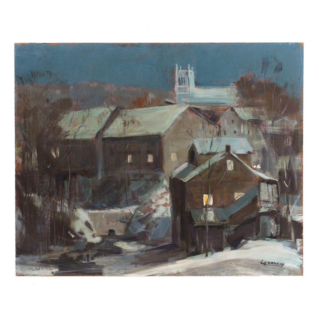 Jay Connaway Oil Painting Pawlet VT: Jay Connaway 1893-1970. Oil on Masonite town scene view. Titled and dated "Pawlet, VT '21" lower left and signed lower right. Unframed 17" x 21". Wikipedia biography: