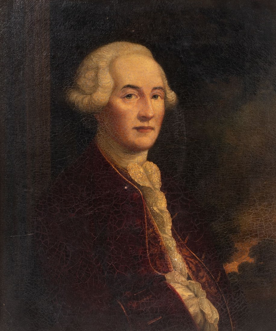 18th Century Portrait of an English Gentleman: 18th century oil on canvas painting of an English gentleman wearing powdered wig and red frock coat with lace frills. No apparent signature. Craquelure to entire surface in various dregrees to