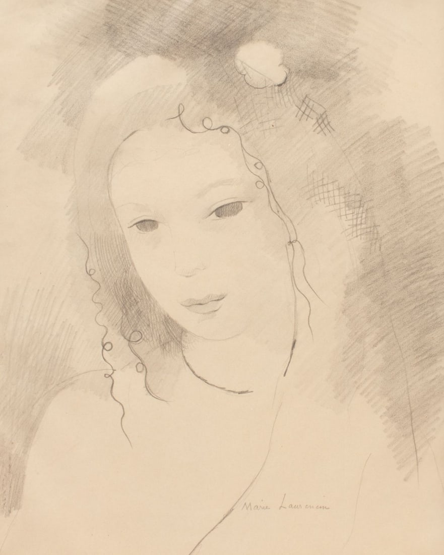 Marie Laurencin Portrait of a Woman Drawing: Marie Laurencin (1885-1956 France) Portrait of a Woman Graphite on Paper. Signed lower center; E. Borboen Galeries Artistinues, Lausanne (Switzerland) stamp on backing board. Artwork measures 10x8";