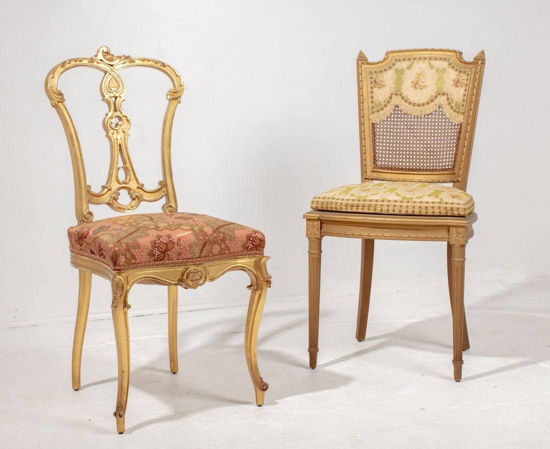 Two Antique French Giltwood Chairs: Two early 20th century French style side chairs. (1) Marshall Fields branded Louis XVI style side chair (decal label to the underside) with cane seat and back. Silk upholstered seat cushion and partia