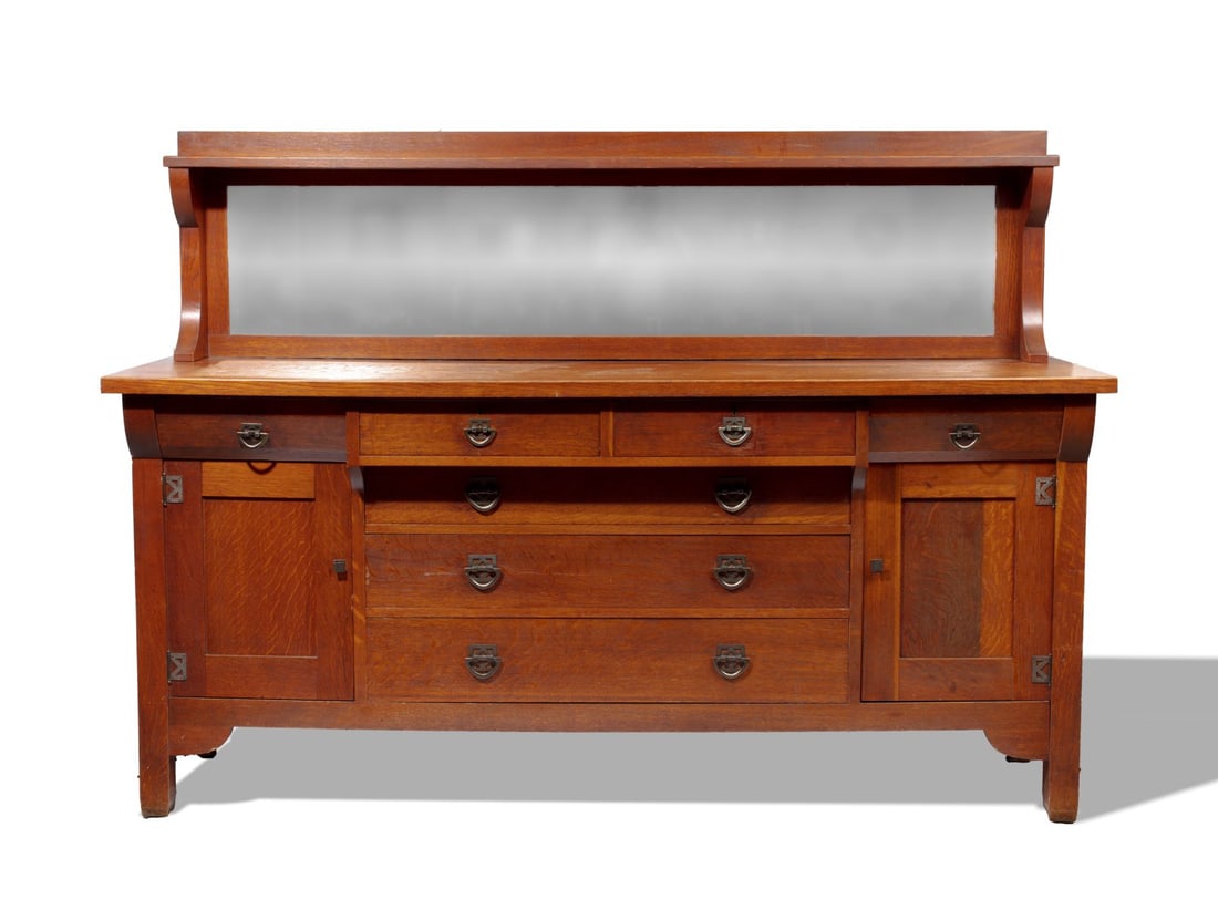 Antique Stickley Brothers Mission Oak Sideboard: Antique Stickley Brothers Mission / Arts & Crafts large sideboard cabinet with mirror back. Solid oak construction with old surface and original hardware. "Stickley Bros. Co." brand and Quaint Furnitu