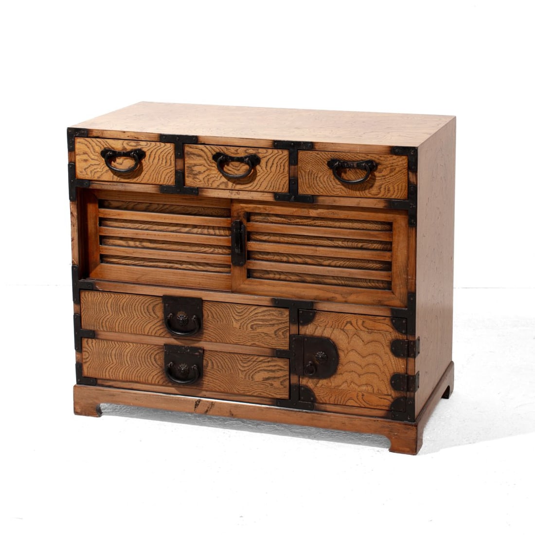 Japanese Meiji Small Tansu Cabinet: Japanese Meiji Small Tansu Cabinet. Keyaki wood veneer exterior and door fronts; blackened iron hardware. Measures 24.5x29x15". Some light wear and scuffs, overall very good condition.