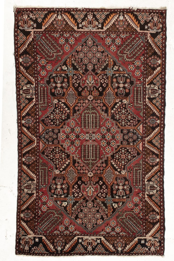 Persian Sevah Hand Knotted Wool Rug: Persian Sevah hand knotted wool on cotton rug. Large center medallion with filigree tracery designs. Good condition; 2' binding edge loss at one corner. 4' 4" x 6' 1" approx.