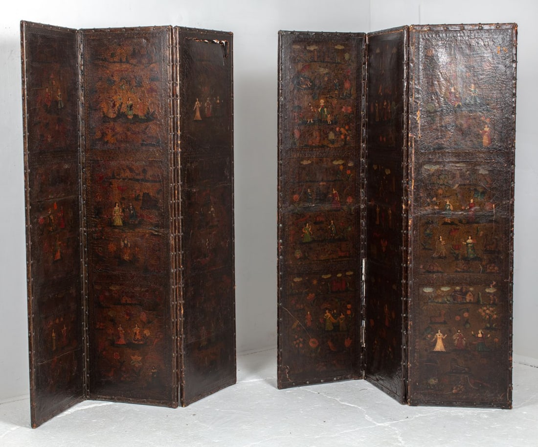 Pair Antique 3-Panel Painted Leather Screens (1 of 13)