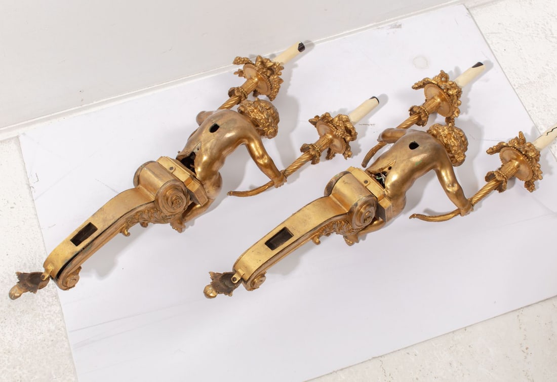 Pair Ormolu Bronze Cherub Wall Sconces - 10