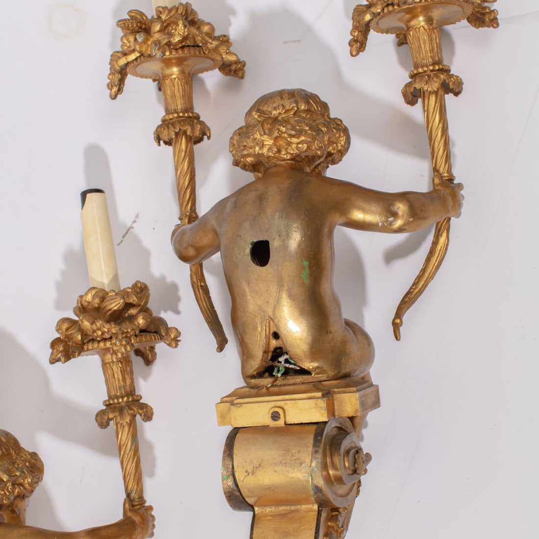 Pair Ormolu Bronze Cherub Wall Sconces - 12