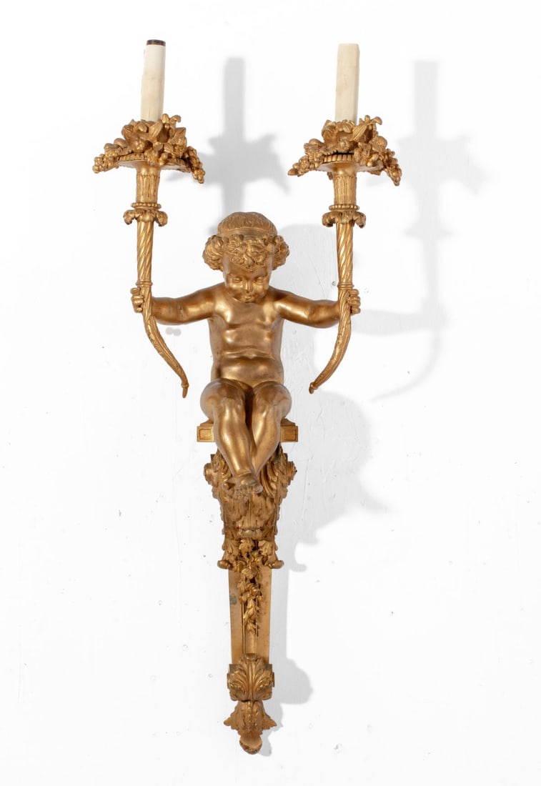 Pair Ormolu Bronze Cherub Wall Sconces - 2