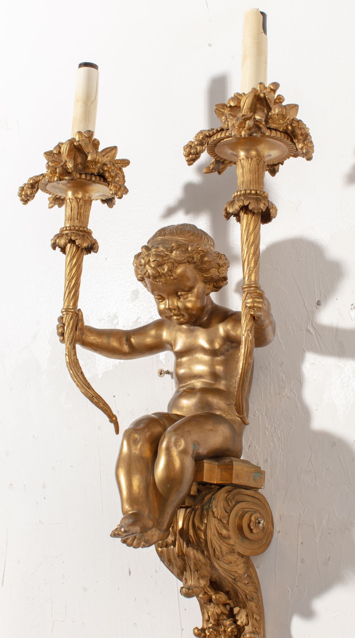 Pair Ormolu Bronze Cherub Wall Sconces - 4