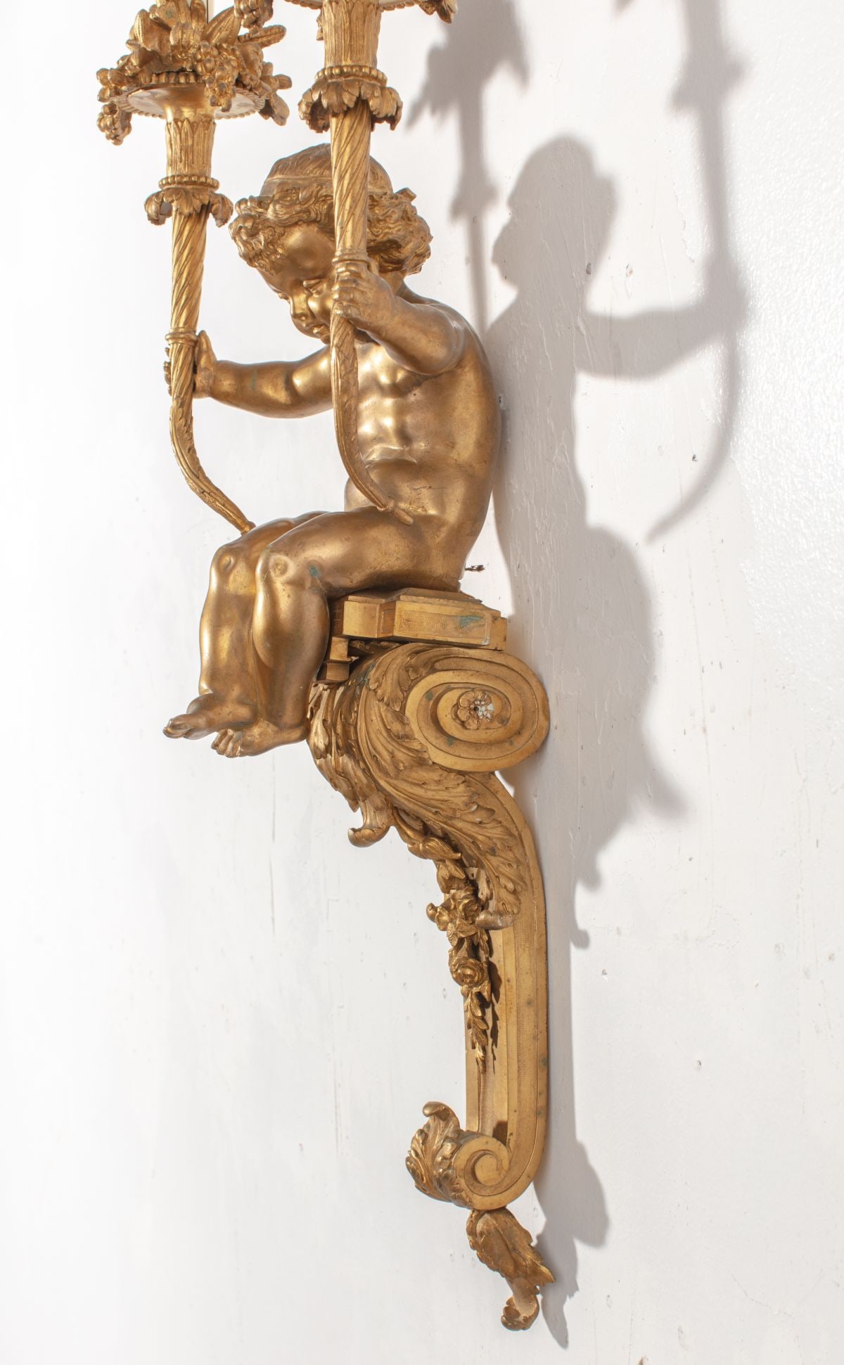 Pair Ormolu Bronze Cherub Wall Sconces - 5
