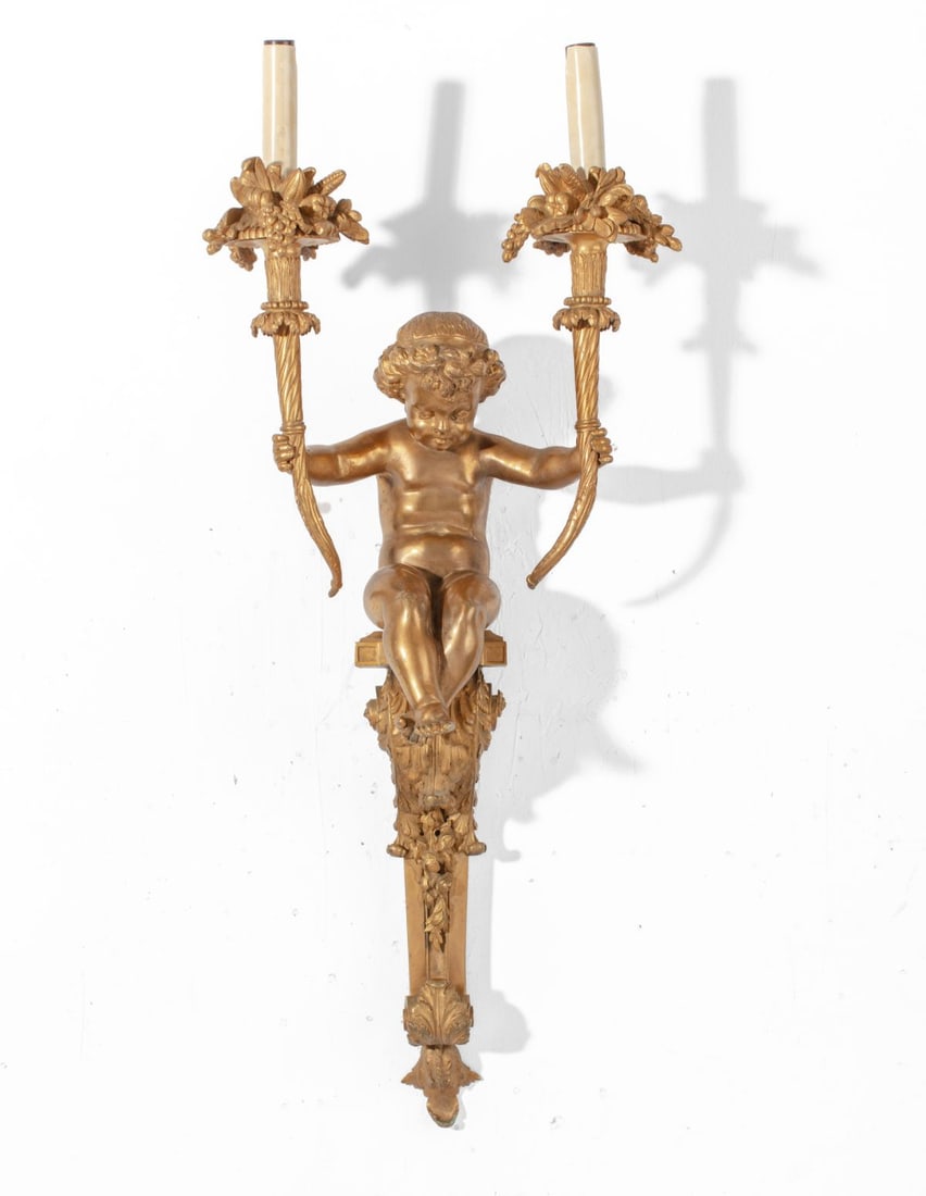 Pair Ormolu Bronze Cherub Wall Sconces - 6
