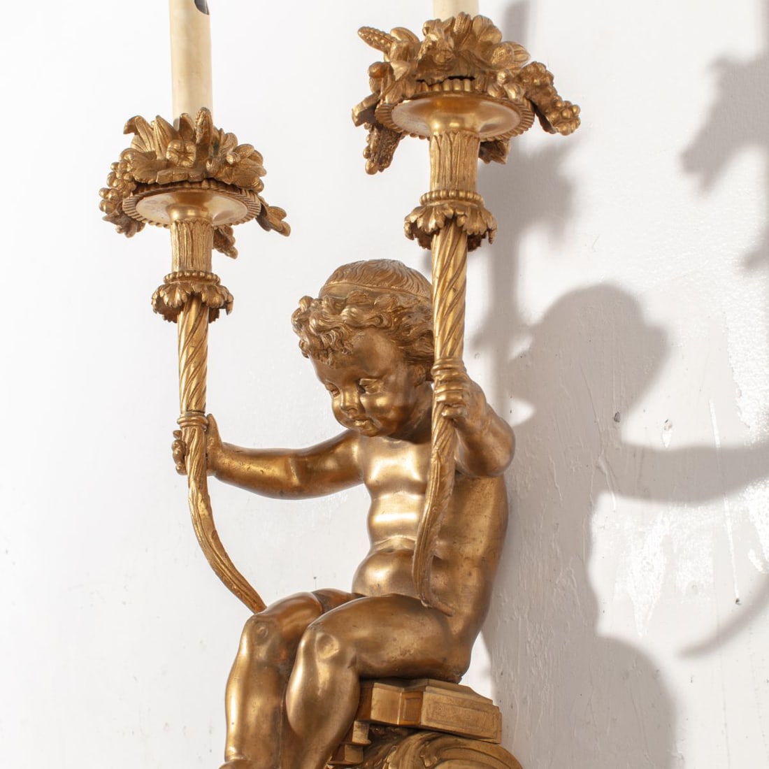 Pair Ormolu Bronze Cherub Wall Sconces - 8