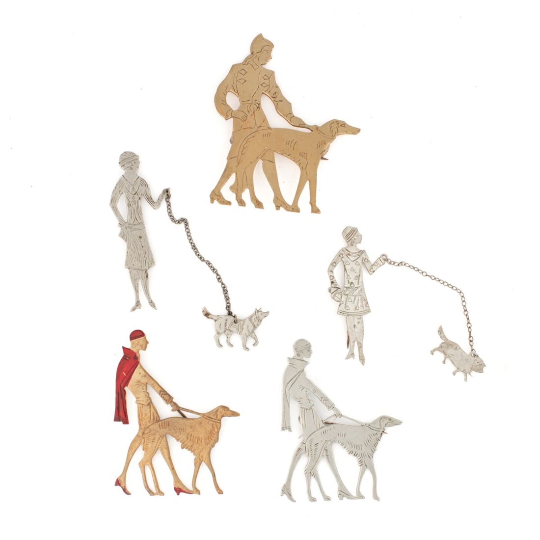 Art Deco Lady Walking Dog Brooch Pins: Collection of 5 vintage Art Deco Flapper lady walking dog pins in white metal and brass. (1) Three "Lady Walking Borzoi Greyhound Dog" pins; one with red enamel details. Largest 2 3/4" x 2 3/8". (2) T