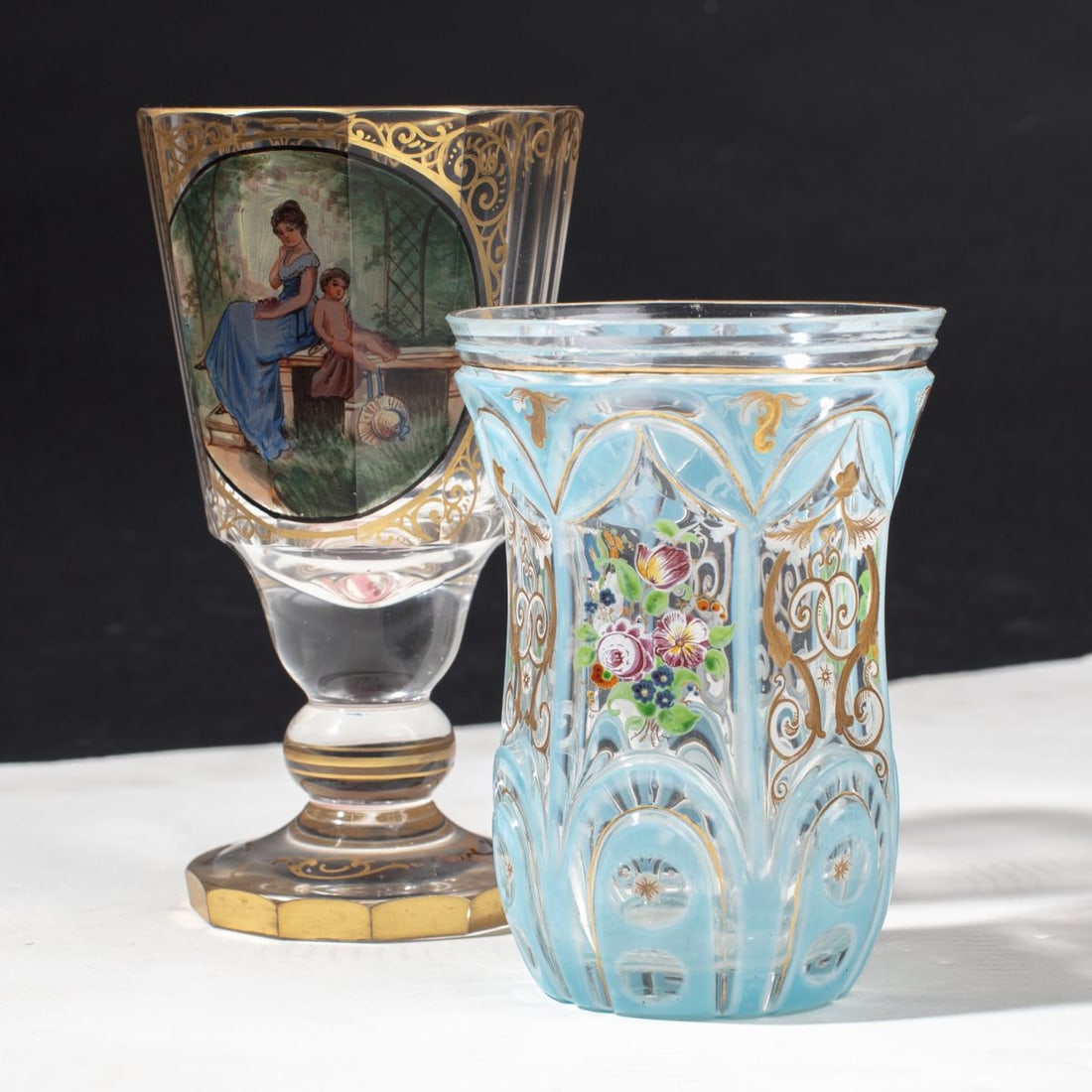 Antique Bohemian Glass Goblet & Overlay Beaker (1 of 4)
