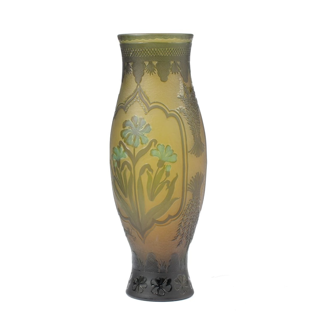 Reproduction Galle Cameo Glass Vase 15": Art Nouveau Galle style cameo vase in heavy green glass. Floral design panels (blue detailing to flower petals) with tied lavender bundles at the sides. Appears to be a well made reproduction with goo