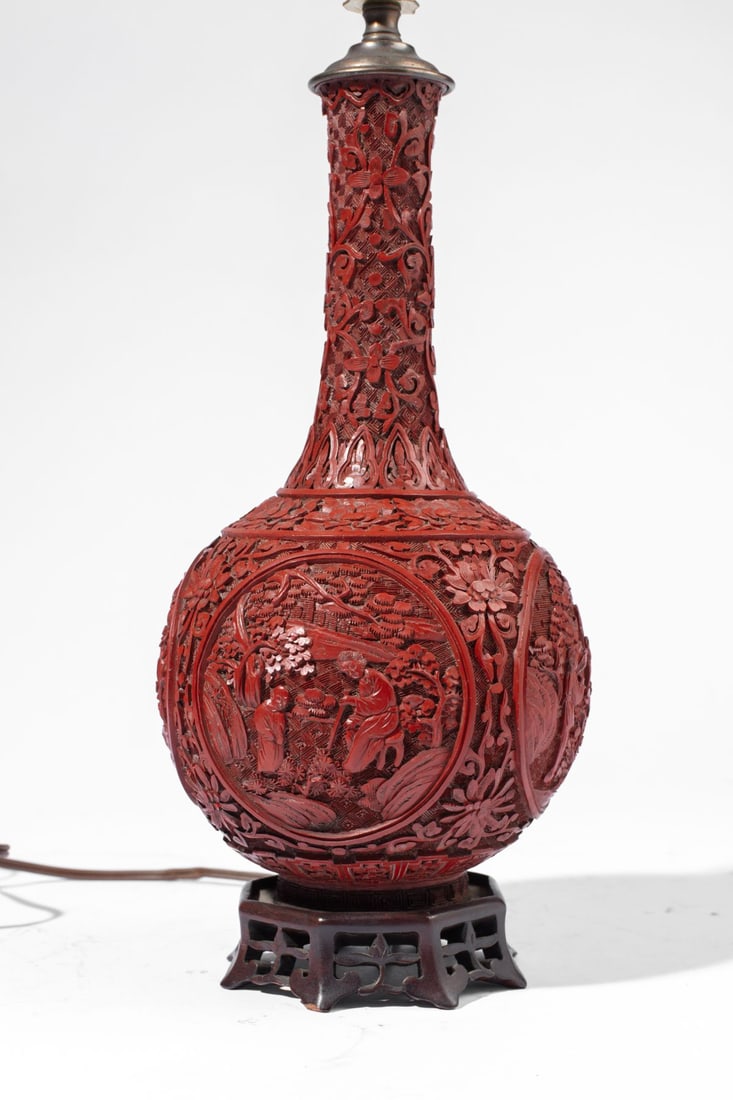 Antique Chinese Carved Cinnabar Lamp (1 of 4)