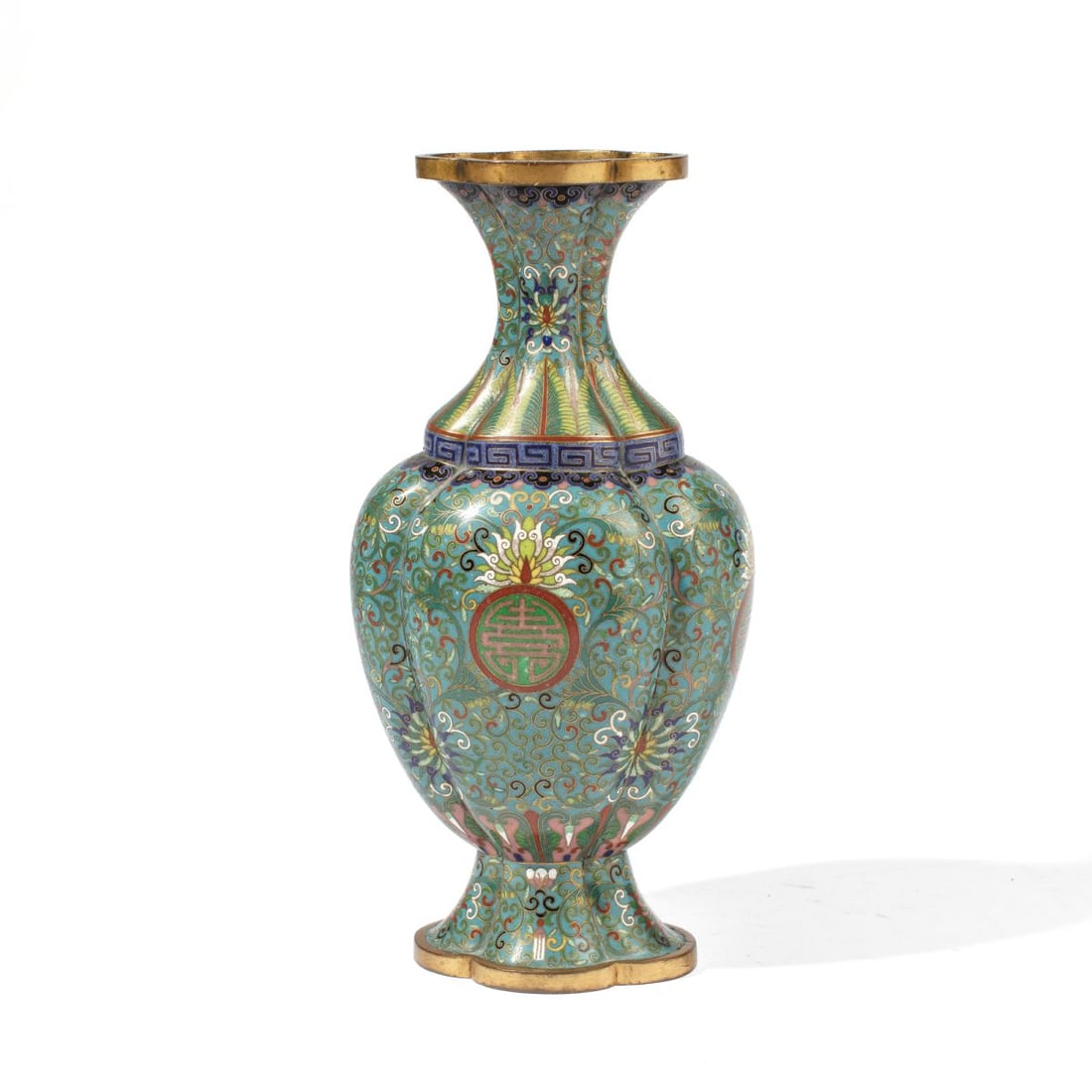 Antique Chinese Cloisonne Lobed Vase: Antique Chinese cloisonne on gilt-copper vase of lobed baluster form having trailing lotus heads above shou character roundels at body, the pattern continuing to base and neck over leaves and fret bor
