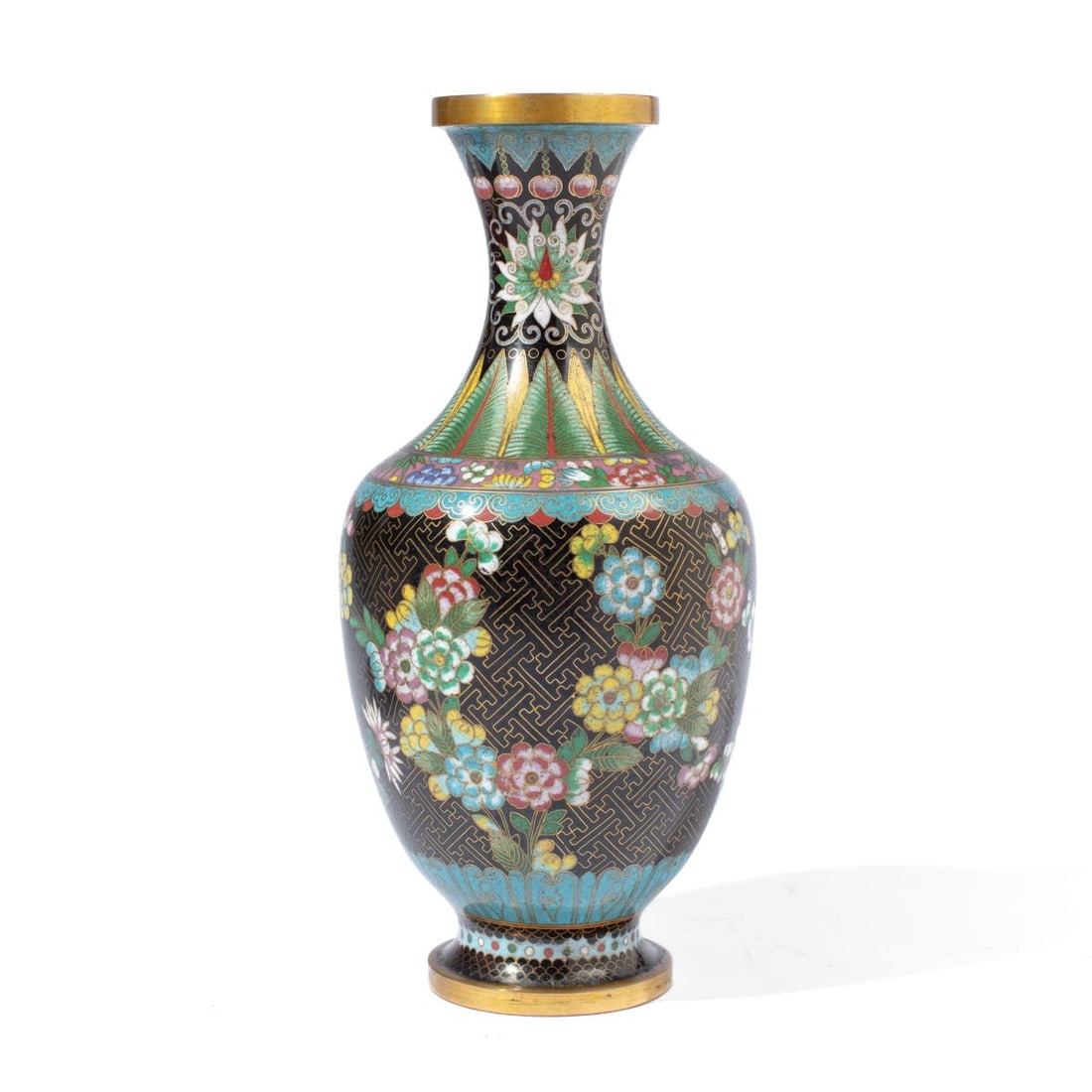 Chinese Black-Ground Cloisonne Vase: Chinese black-ground cloisonne vase of baluster form on short base with sprays of chrysanthemum, peonies and prunus to the body over fret ground leading to radiating leaves and trailing lotus heads.