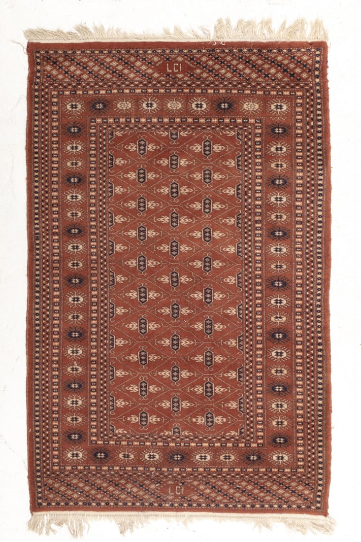 Hand Knotted Bokhara Rug: Hand knotted wool on cotton Bokhara rug. Brown tone with intricate designs. Wear to fringe on one end and some wear areas to side edge bindings; otherwise good condition. 3' 1.5" x 5' approx.