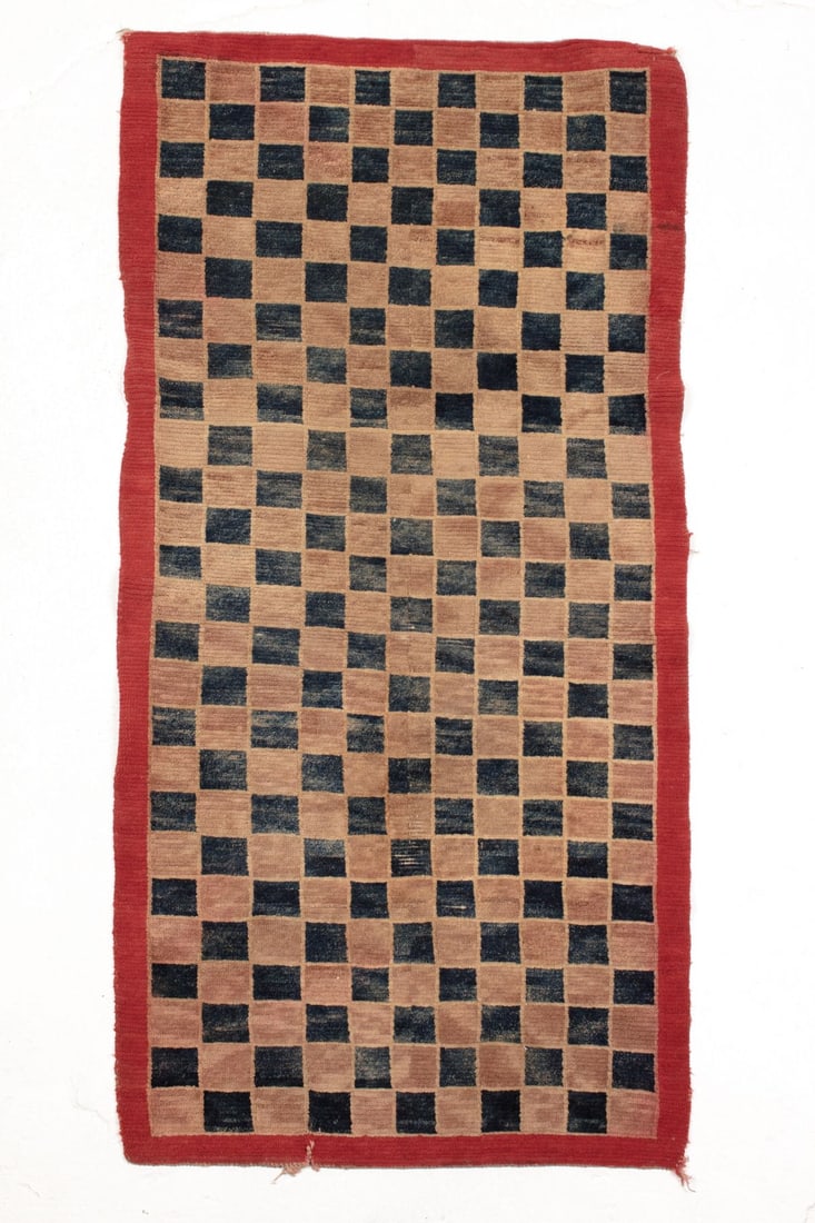 Vintage Turkish Checkerboard Rug: Vintage Turkish checkerboard design rug in 3 colora. Hand knotted wool on cotton. Some small pile wear spots, small tear at one end, some red dye bleeding, etc. 2' 7" x 5' 3" approx.